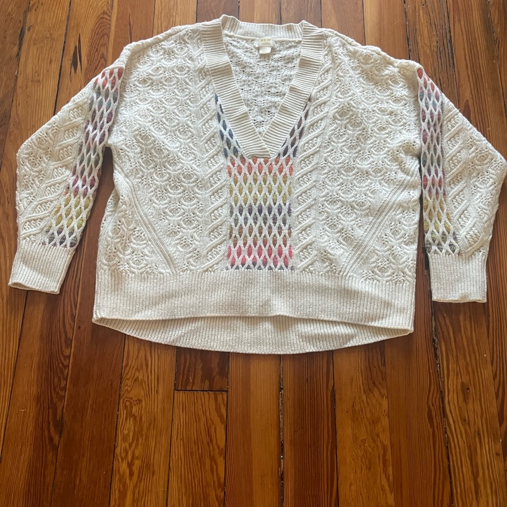 Maeve Ivory V-Neck Sweater with Colorful Details